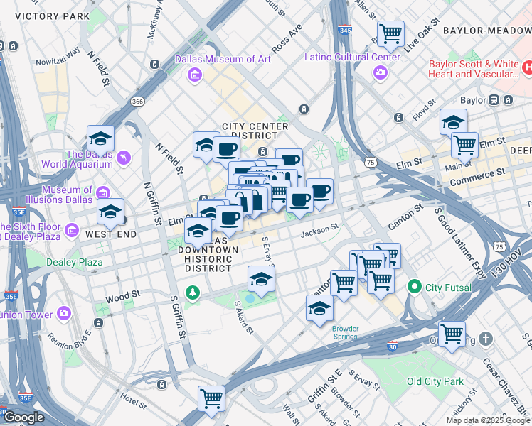 map of restaurants, bars, coffee shops, grocery stores, and more near 2375 International Parkway in Dallas