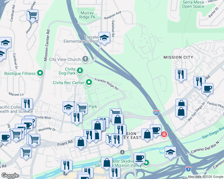 map of restaurants, bars, coffee shops, grocery stores, and more near 2743 Everly Drive in San Diego
