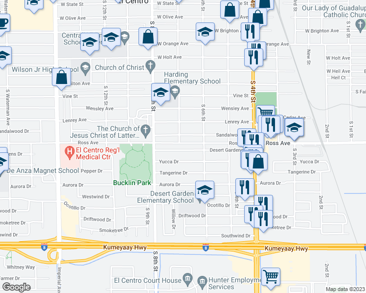map of restaurants, bars, coffee shops, grocery stores, and more near 678 Desert Gardens Drive in El Centro