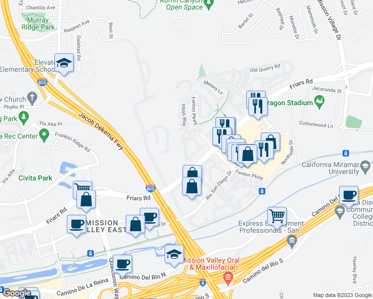 map of restaurants, bars, coffee shops, grocery stores, and more near 2832 Escala Circle in San Diego