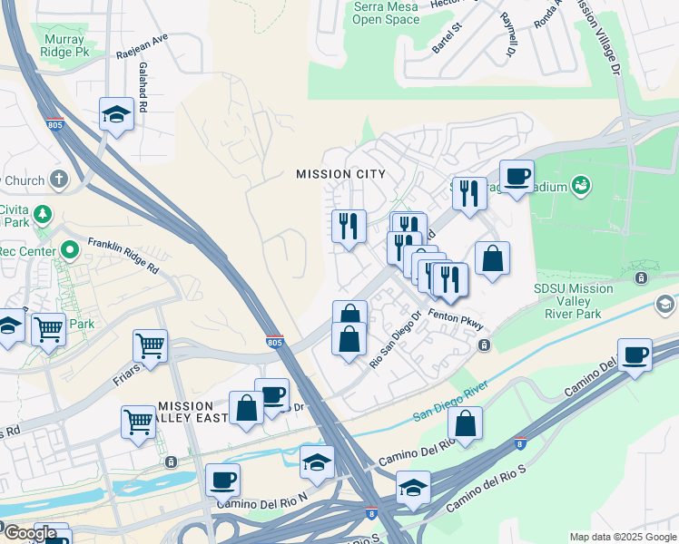 map of restaurants, bars, coffee shops, grocery stores, and more near 2832 Escala Circle in San Diego