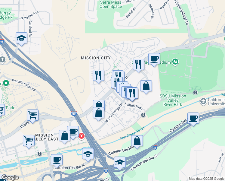 map of restaurants, bars, coffee shops, grocery stores, and more near Fenton Parkway in San Diego