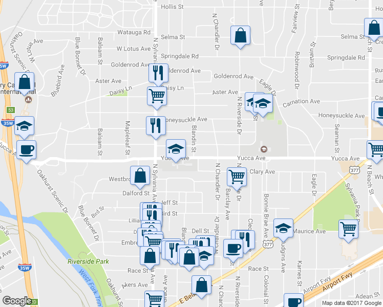 map of restaurants, bars, coffee shops, grocery stores, and more near 2801 Yucca Avenue in Fort Worth