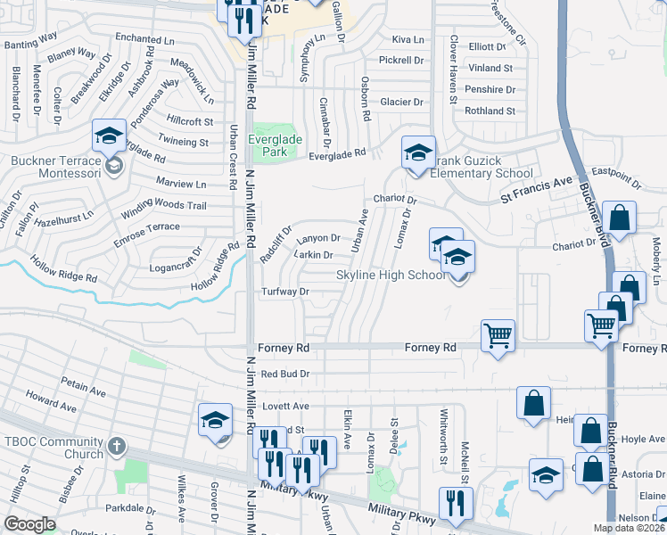 map of restaurants, bars, coffee shops, grocery stores, and more near 7136 Grey Dawn Lane in Dallas