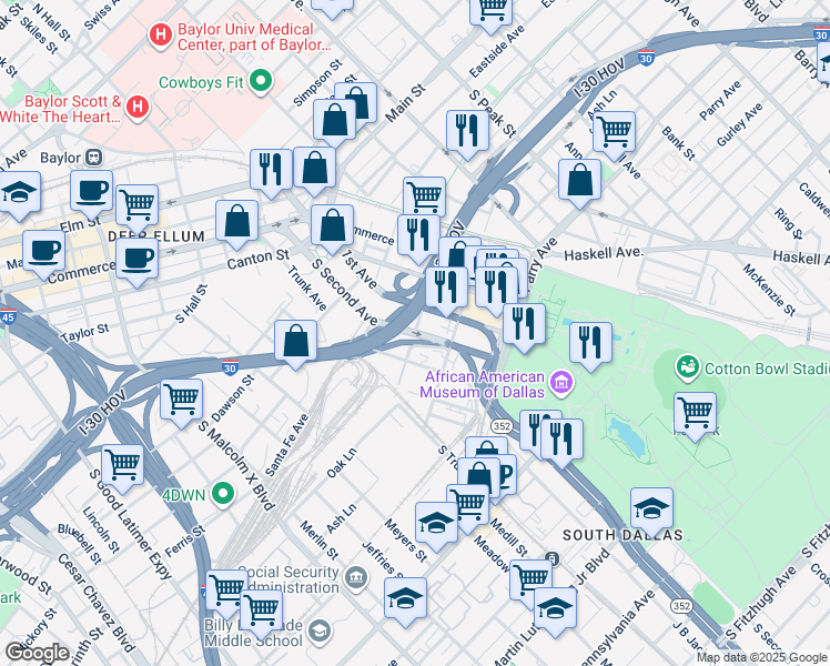 map of restaurants, bars, coffee shops, grocery stores, and more near 701 South Second Avenue in Dallas