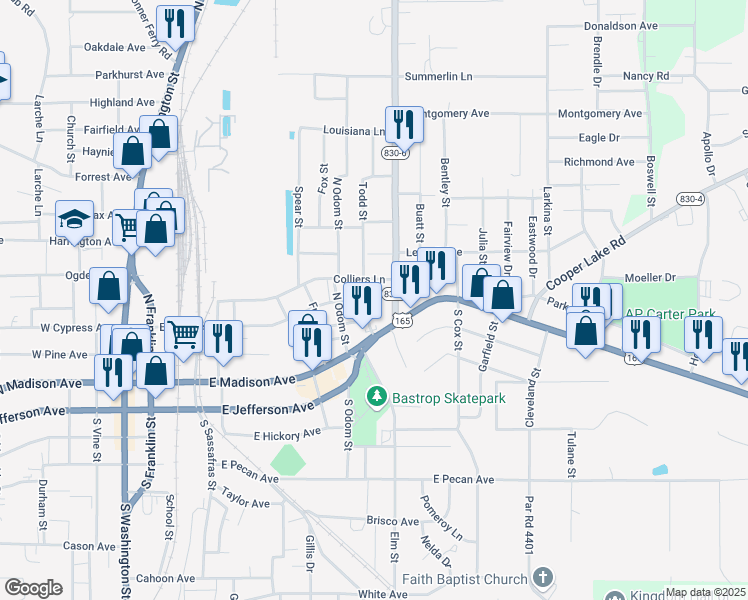 map of restaurants, bars, coffee shops, grocery stores, and more near 115 McCreight Street in Bastrop