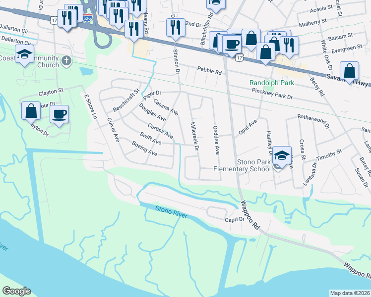 map of restaurants, bars, coffee shops, grocery stores, and more near 255 Marsh Oaks Drive in Charleston