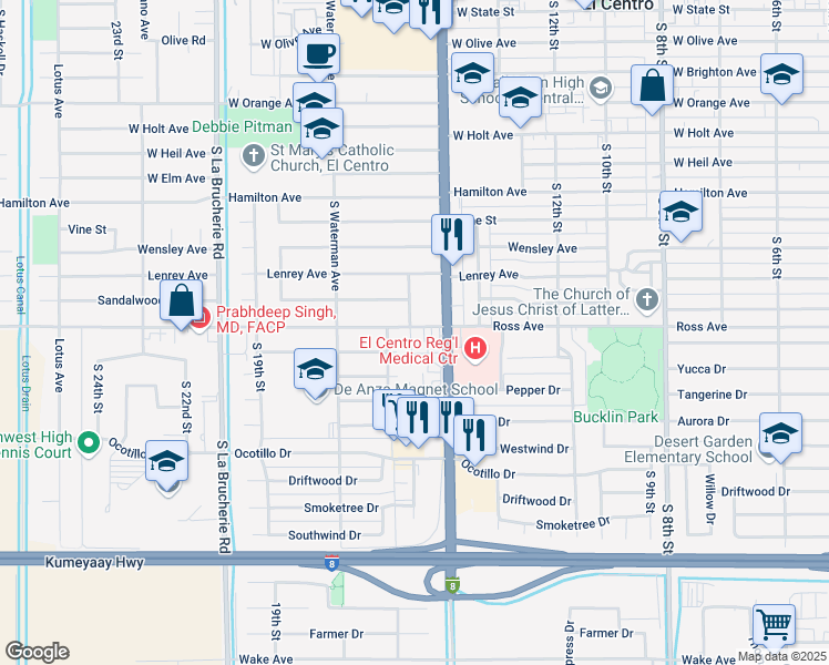 map of restaurants, bars, coffee shops, grocery stores, and more near 1531 Ross Avenue in El Centro