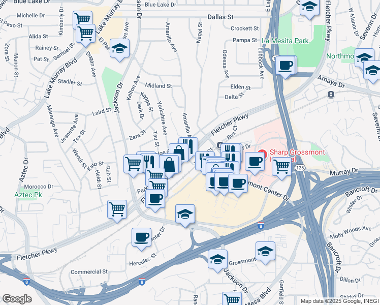 map of restaurants, bars, coffee shops, grocery stores, and more near Fletcher Parkway in La Mesa