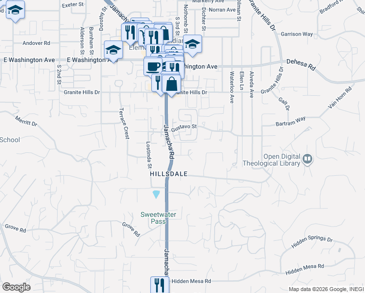 map of restaurants, bars, coffee shops, grocery stores, and more near 1031 Long Shadow Court in El Cajon