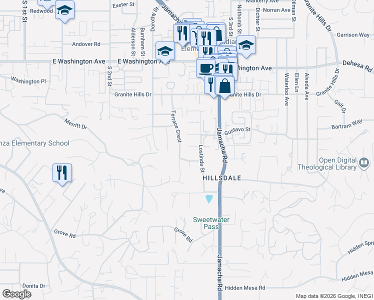 map of restaurants, bars, coffee shops, grocery stores, and more near 1422 Koala Way in El Cajon