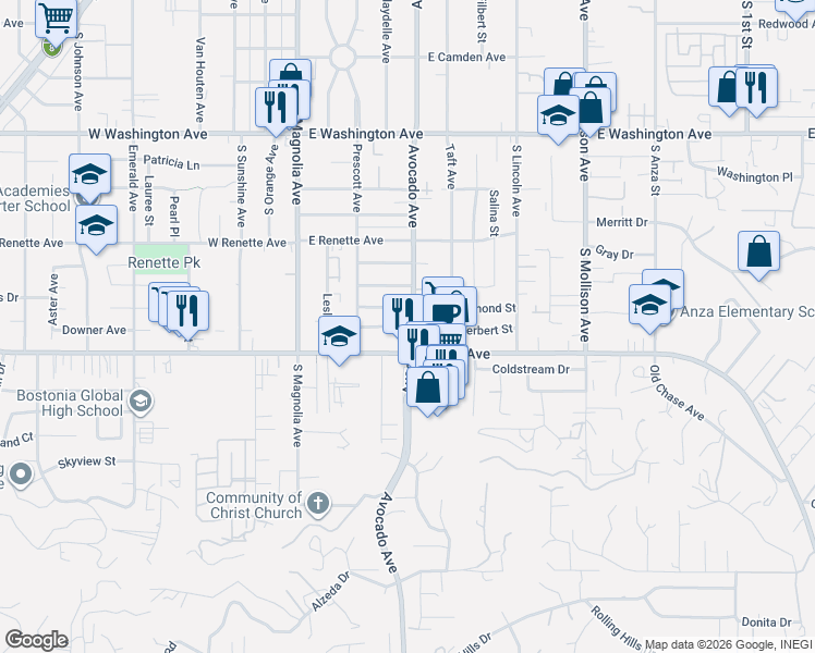 map of restaurants, bars, coffee shops, grocery stores, and more near in El Cajon