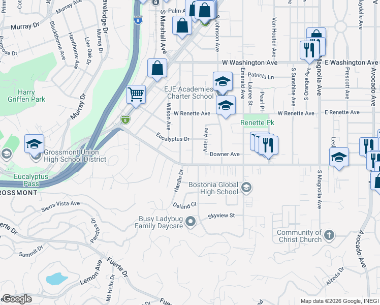 map of restaurants, bars, coffee shops, grocery stores, and more near 1065-1075 Lemon Avenue in El Cajon