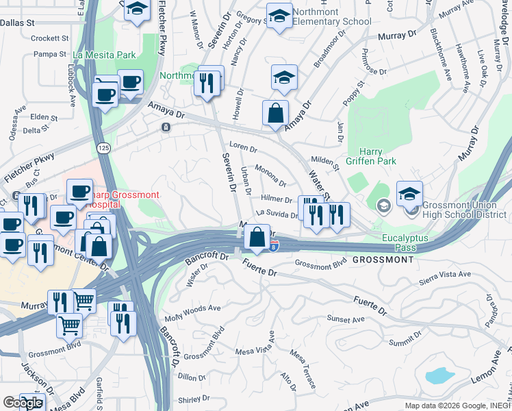 map of restaurants, bars, coffee shops, grocery stores, and more near 9400 La Suvida Drive in La Mesa