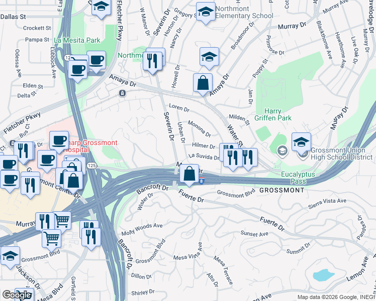map of restaurants, bars, coffee shops, grocery stores, and more near 9400 La Suvida Drive in La Mesa