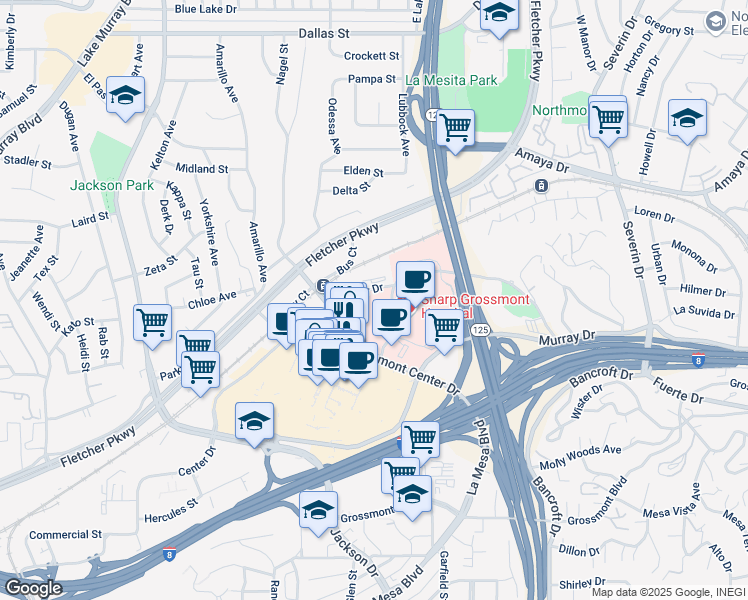 map of restaurants, bars, coffee shops, grocery stores, and more near 8787 Center Dr in La Mesa