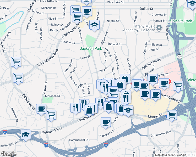 map of restaurants, bars, coffee shops, grocery stores, and more near 5635 Dugan Avenue in La Mesa