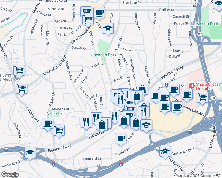 map of restaurants, bars, coffee shops, grocery stores, and more near 5635 Dugan Avenue in La Mesa
