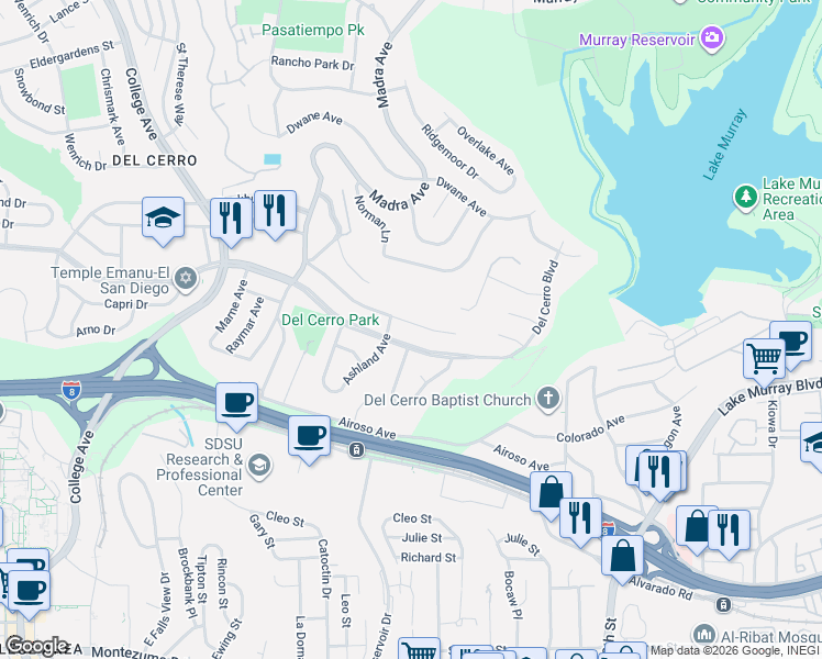 map of restaurants, bars, coffee shops, grocery stores, and more near 6643 Hillgrove Drive in San Diego