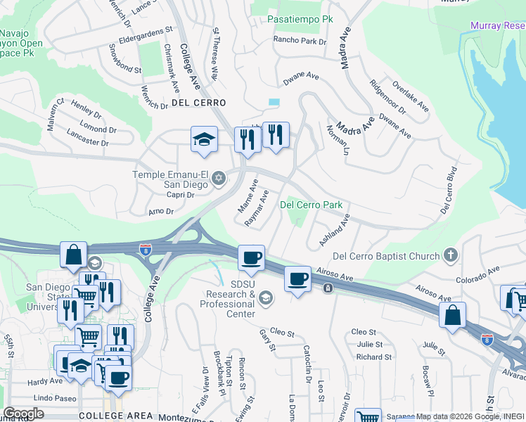 map of restaurants, bars, coffee shops, grocery stores, and more near 5618 Raymar Ave in San Diego