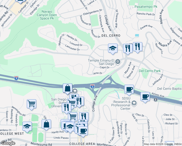 map of restaurants, bars, coffee shops, grocery stores, and more near 6137 Arno Drive in San Diego