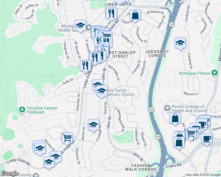 map of restaurants, bars, coffee shops, grocery stores, and more near 2026 Abbe Street in San Diego