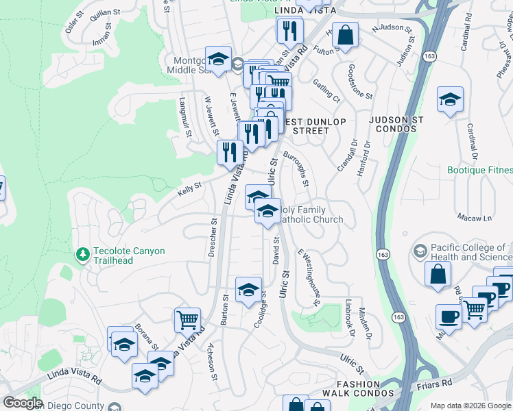 map of restaurants, bars, coffee shops, grocery stores, and more near 2036 Coolidge Street in San Diego