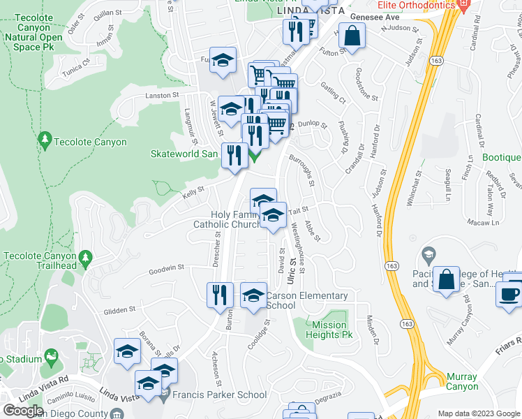 map of restaurants, bars, coffee shops, grocery stores, and more near 2036 Coolidge Street in San Diego