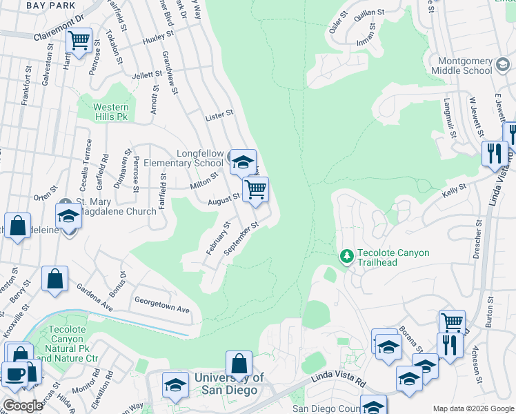 map of restaurants, bars, coffee shops, grocery stores, and more near 2126 Deerpark Drive in San Diego