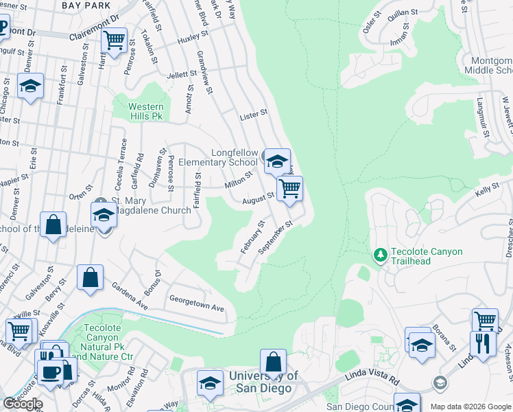 map of restaurants, bars, coffee shops, grocery stores, and more near 2160 Burgener Boulevard in San Diego