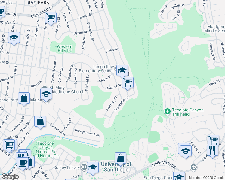 map of restaurants, bars, coffee shops, grocery stores, and more near 2160 Burgener Boulevard in San Diego