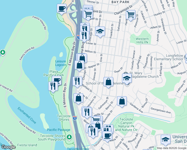 map of restaurants, bars, coffee shops, grocery stores, and more near 1927 Denver Street in San Diego