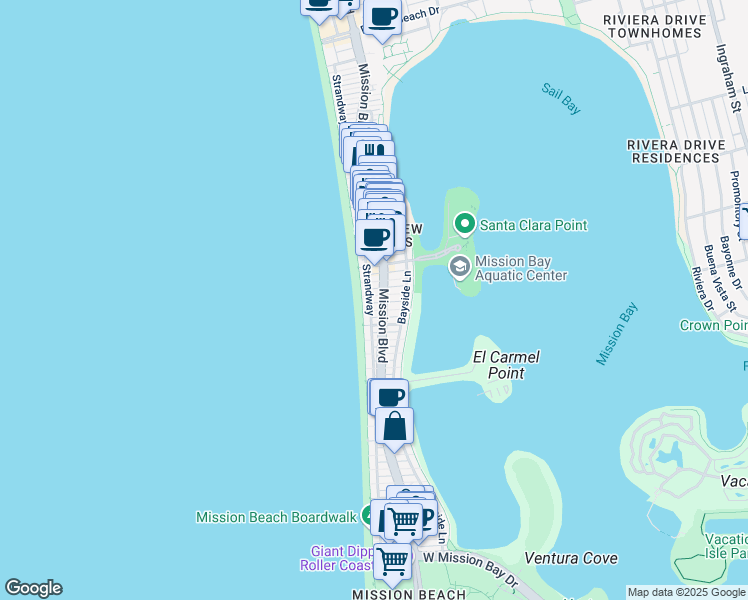 map of restaurants, bars, coffee shops, grocery stores, and more near 3633 Ocean Front Walk in San Diego