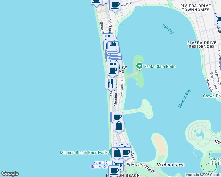map of restaurants, bars, coffee shops, grocery stores, and more near 3633 Ocean Front Walk in San Diego