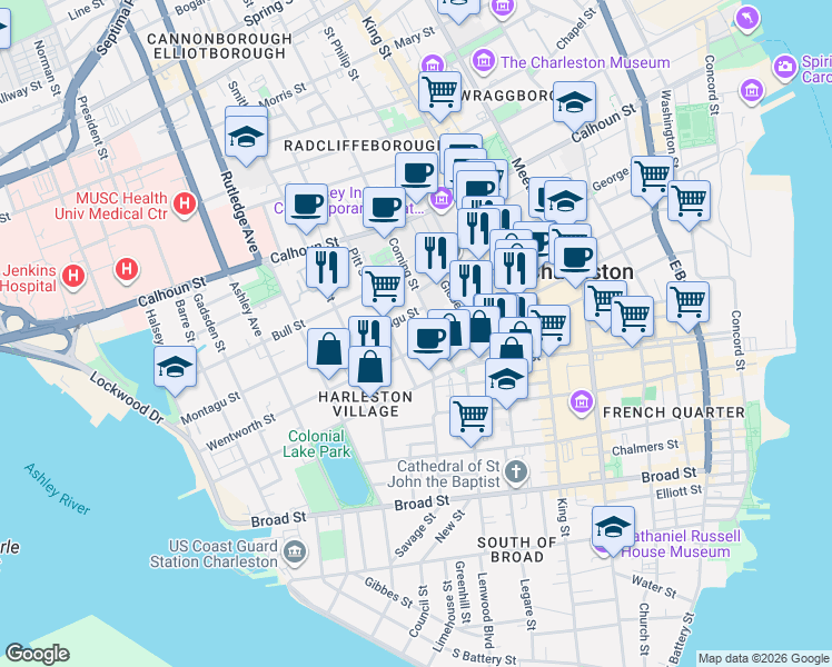 map of restaurants, bars, coffee shops, grocery stores, and more near 122 Wentworth Street in Charleston
