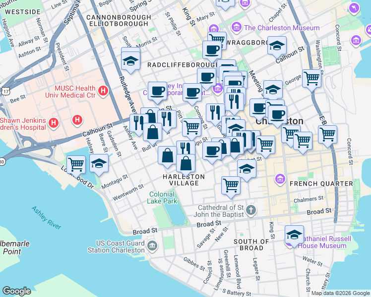map of restaurants, bars, coffee shops, grocery stores, and more near 21 Pitt Street in Charleston