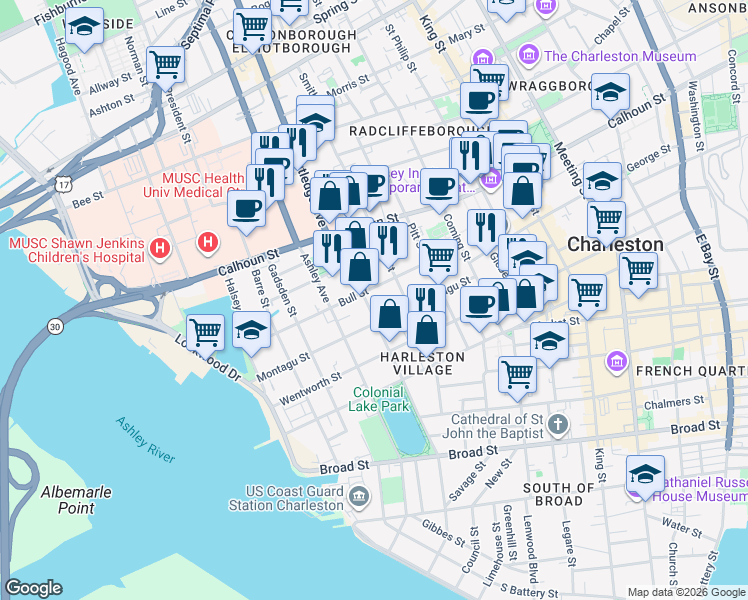map of restaurants, bars, coffee shops, grocery stores, and more near 97 Rutledge Avenue in Charleston
