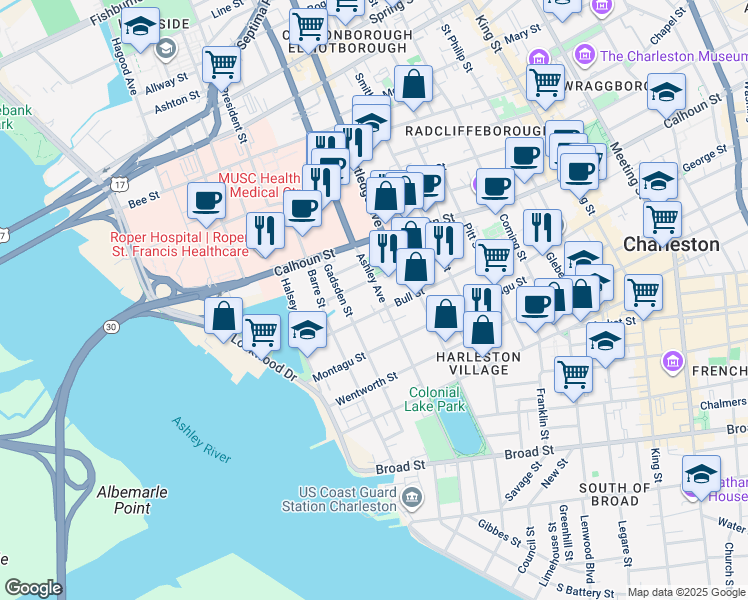map of restaurants, bars, coffee shops, grocery stores, and more near 109 Bull Street in Charleston