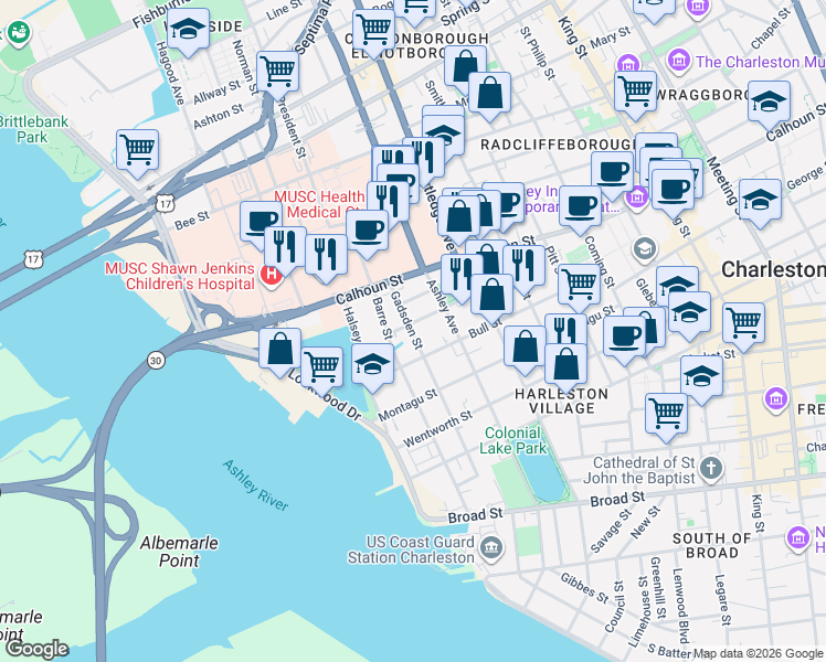 map of restaurants, bars, coffee shops, grocery stores, and more near 56 Gadsden Street in Charleston