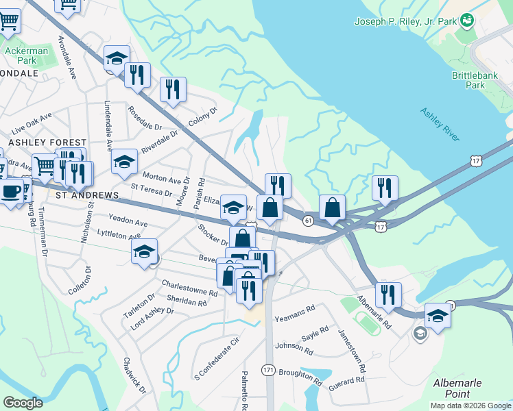 map of restaurants, bars, coffee shops, grocery stores, and more near 614 West Harrison Road in Charleston