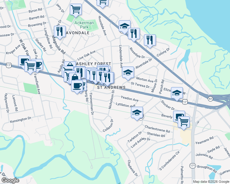 map of restaurants, bars, coffee shops, grocery stores, and more near 4 Yeadon Avenue in Charleston