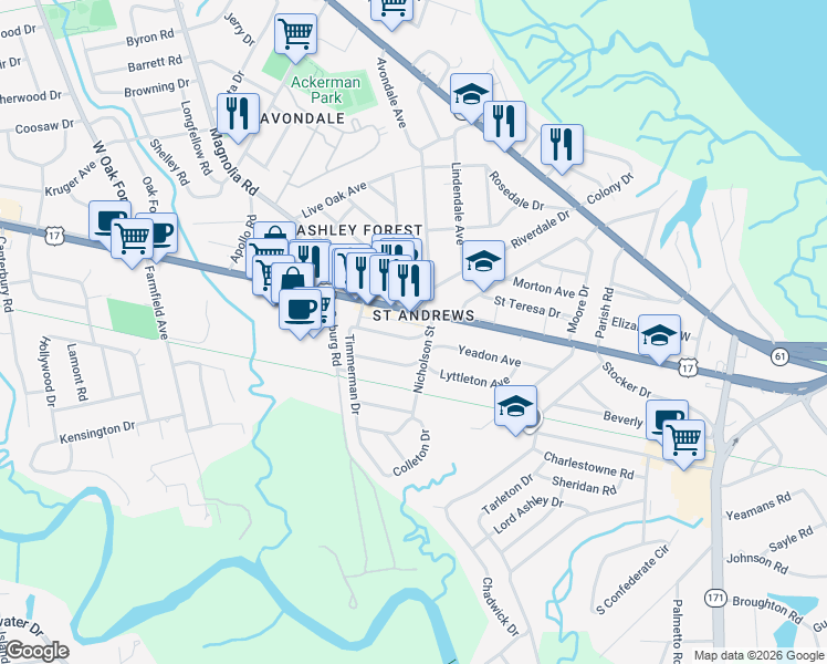 map of restaurants, bars, coffee shops, grocery stores, and more near 9 Craven Avenue in Charleston