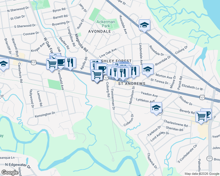 map of restaurants, bars, coffee shops, grocery stores, and more near 975 Savannah Highway in Charleston