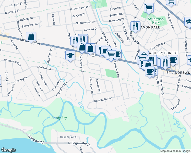 map of restaurants, bars, coffee shops, grocery stores, and more near 340 Hollywood Drive in Charleston