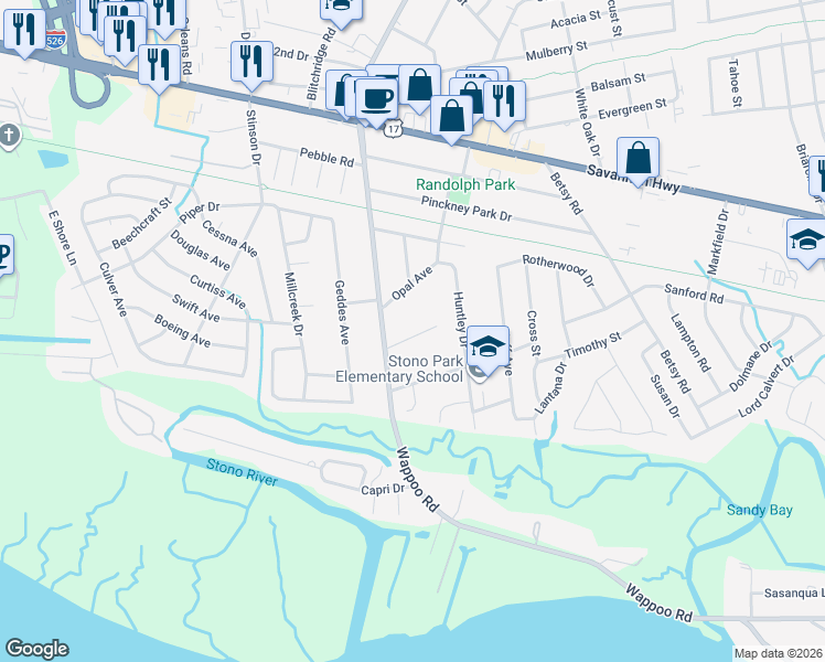 map of restaurants, bars, coffee shops, grocery stores, and more near 1772 Skinner Avenue in Charleston