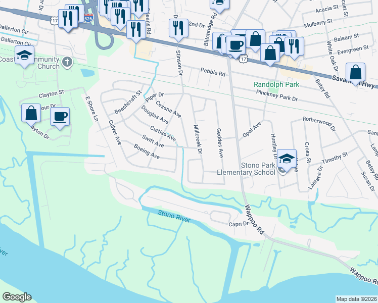 map of restaurants, bars, coffee shops, grocery stores, and more near 255 Marsh Oaks Drive in Charleston