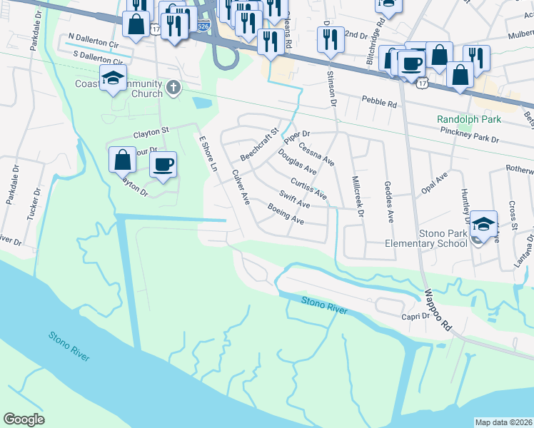 map of restaurants, bars, coffee shops, grocery stores, and more near 2025 Taylorcraft Drive in Charleston