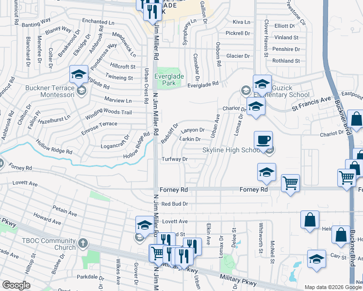 map of restaurants, bars, coffee shops, grocery stores, and more near 7104 Grey Dawn Lane in Dallas