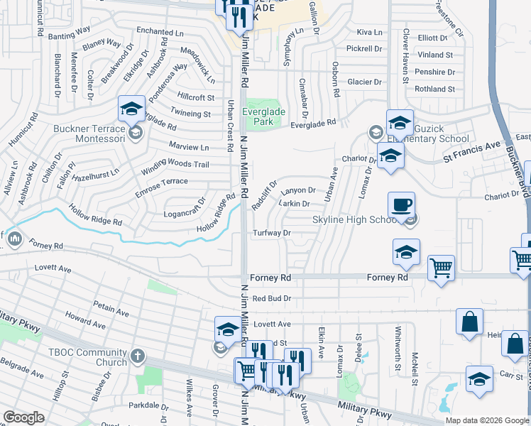 map of restaurants, bars, coffee shops, grocery stores, and more near 7013 Lanyon Drive in Dallas