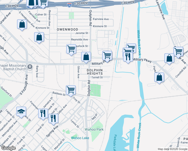map of restaurants, bars, coffee shops, grocery stores, and more near 3435 Terrell Street in Dallas